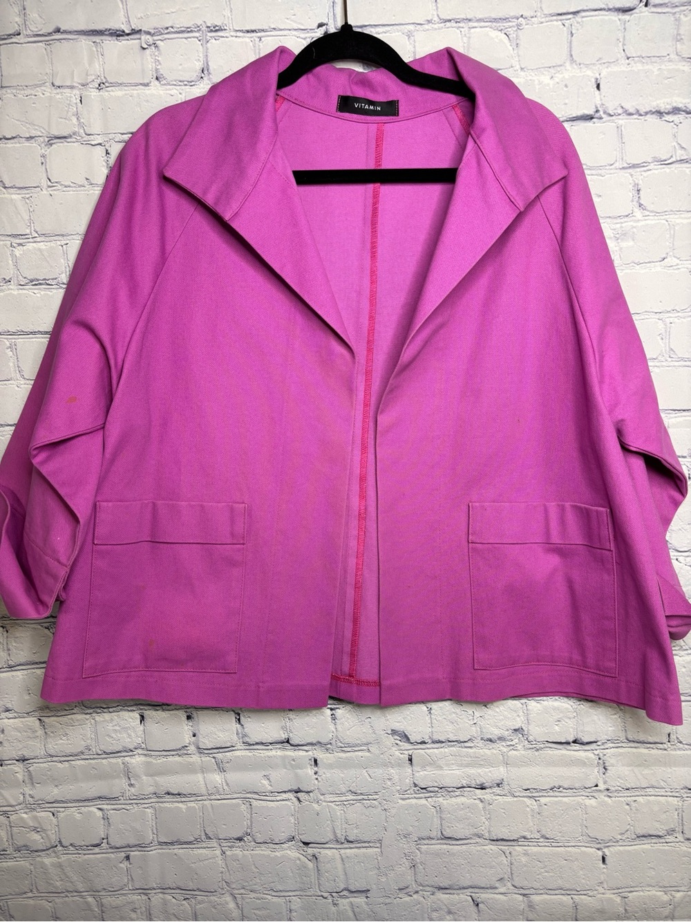 Vitamin Fuchsia Cotton Open Front Cropped Lagenlook Layering Blazer Size S